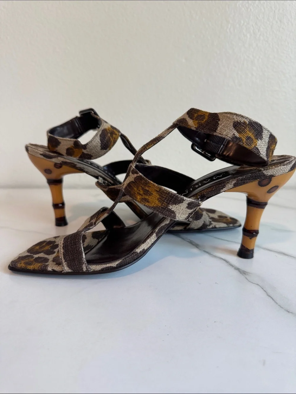 Animal-Print Strappy Heeled Sandals with Faux-Bamboo Women’s Size 9